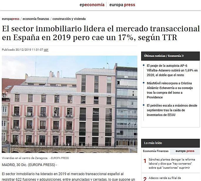 El sector inmobiliario lidera el mercado transaccional en Espaa en 2019 pero cae un 17%, segn TTR